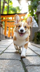 Smiling dog walking through torii gate path at Japanese shrine  
