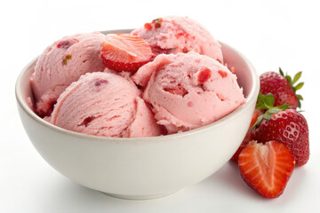 Delicious strawberry ice cream scoops in bowl with fresh strawberries on white background.