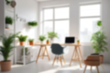 Fototapeta premium Blur background of office interior with large windows with city urban view, plants, and wooden desks at sunset. Modern workplace and urban greenery concept. Design for poster, wallpaper. Spate.
