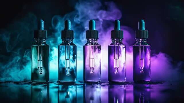 Chromatic Essence: Row of Vibrant Liquid Droppers with Reflected Light Play
