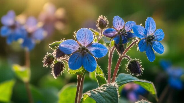 Vibrant borage flowers bask in soft light on a sunny afternoon spring