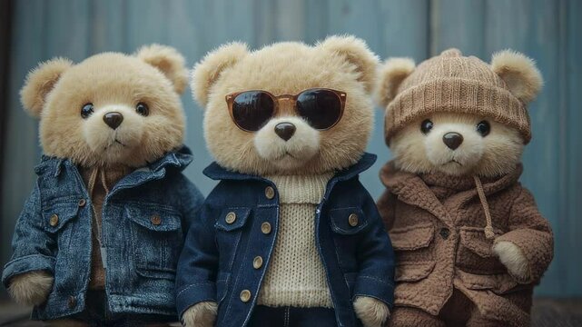 Three teddy bears dressed in fashionable attire against blurred background