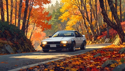 Japanese sports car driving on a winding autumn road, anime style, vibrant fall scenery