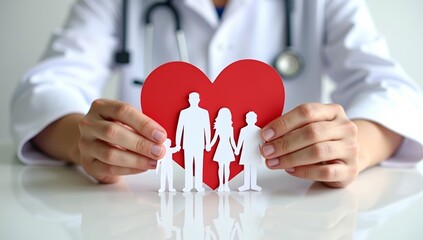 Doctor holding a red heart symbol representing love and care for people and family