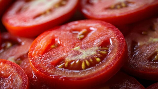 Macro close-up of fresh, ripe tomato slices with vibrant red color