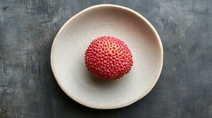 A single lychee fruit placed on a ceramic plate
