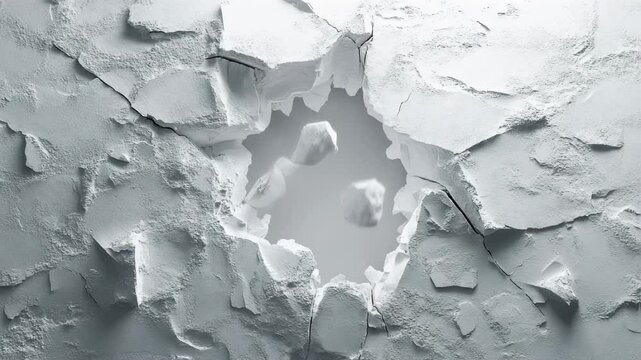 Dramatic broken white wall with central opening revealing a soft gray sky