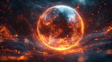 Obraz premium Alien Sphere of Colourful Gas and Matrix Light Spins In Cyber Storm Textured With Data Bloom and Surreal Text
