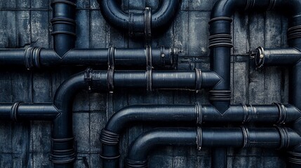 Intricate Industrial Plumbing System with Dark Pipes and Detailed Connections