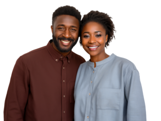 Happy and young African-American couple, isolated on white or transparent background