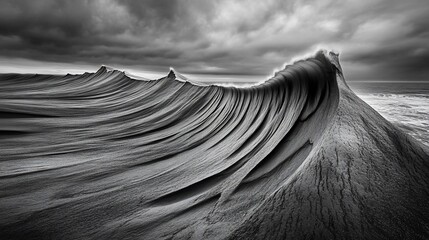 Dramatic Monochrome Seascape, Towering Wave Formation under Stormy Sky