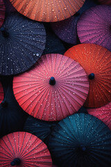 view multiple umbrellas water droplets colors