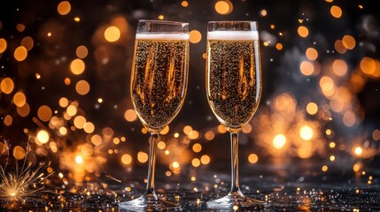 Sparkling Celebration: Two Champagne Flutes Against a Festive Background