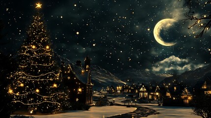 Naklejka premium A charming winter village scene at night with a decorated Christmas tree.