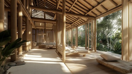 Serene Bamboo Sanctuary, A Tranquil Interior with Harmonious Natural Light