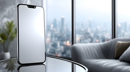 A modern smartphone with blank screen sits on a glass table in a luxurious apartment overlooking a city skyline.