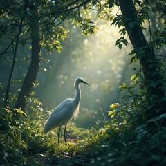 A solitary egret is captured in a tranquil forest scene, its long legs and neck poised for flight amidst verdant foliage and a soft, diffused light filtering through the trees.