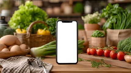 A modern smartphone with blank screen sits on wooden table surrounded by fresh vegetables and eggs in a farmers market setting.
