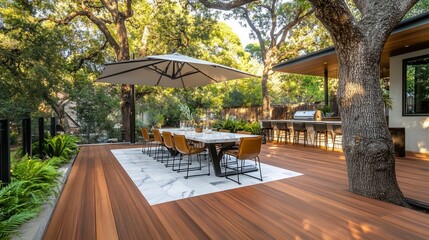 Outdoor Dining Area with Modern Design and Lush Greenery Creates Serene Atmosphere
