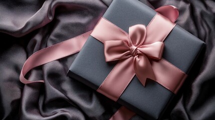 Elegant gift box with pink ribbon on dark satin background for celebrations