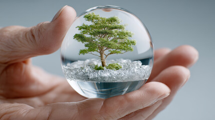 Hand holds crystal globe containing miniature tree, symbolizing nature and preservation. scene evokes sense of tranquility