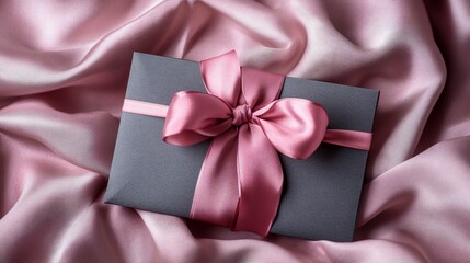Elegant gift box with pink ribbon on soft satin fabric background