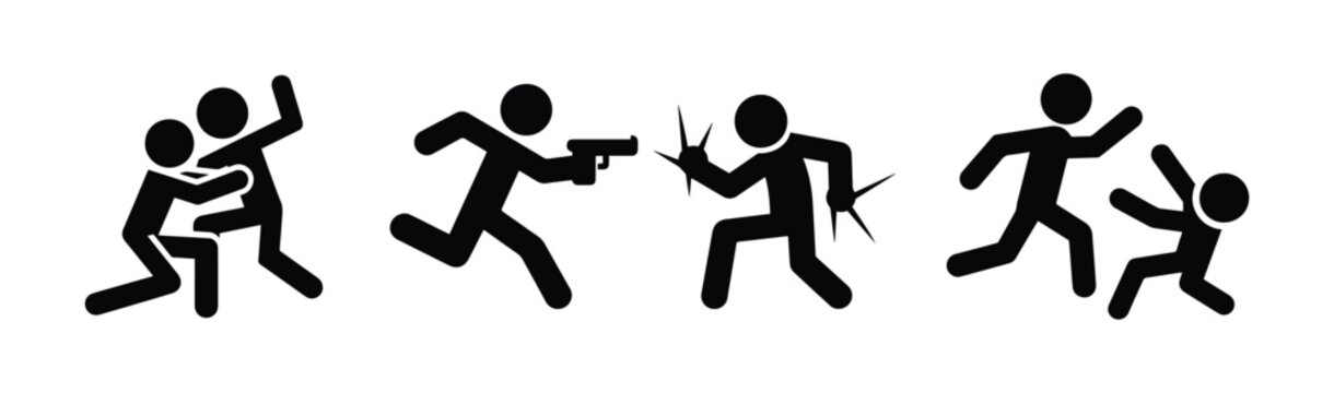 fight icon, stick figure aggressive man, people fighting, isolated silhouettes, stickman set, attack illustration