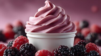 Delicious swirl of creamy frozen yogurt in a white cup surrounded by fresh raspberries and blackberries.