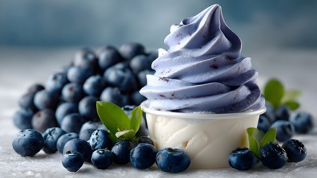 Delicious blueberry frozen yogurt in a small cup sits next to fresh blueberries and green leaves on a gray background.