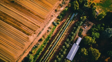 Aerial View of a Farm with Rows of Crops and Trees at Golden Hour