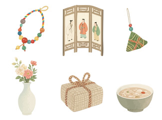 Vector watercolor Dragon Boat Festival customs and food, dragon boat racing, eating rice dumplings, giving gifts