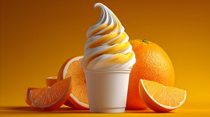 Creamy orange swirl soft serve ice cream in a cup with fresh orange slices on a vibrant orange background.