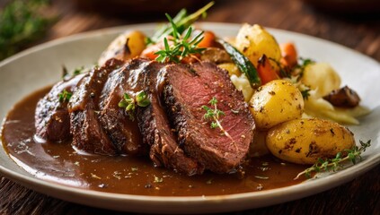 Sliced steak with potatoes and vegetables