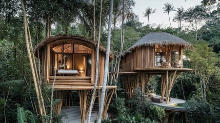 Idyllic bamboo treehouses nestled amidst lush tropical greenery, providing a serene escape
