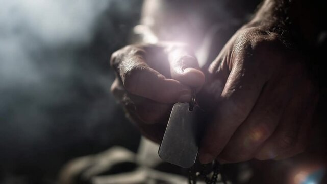Whispered Memories: A close-up shot reveals weathered hands holding a small, teardrop-shaped pendant, the object radiates a soft glow. Each crease whispers tales of time, love, and heritage.