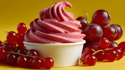 Delicious frozen yogurt swirl in a cup with fresh red currants and red grapes on a yellow background.