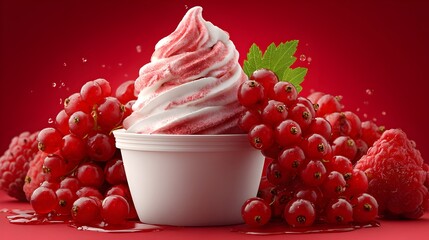 Delicious frozen yogurt swirl with fresh red currants and raspberries in a white cup on a red background.
