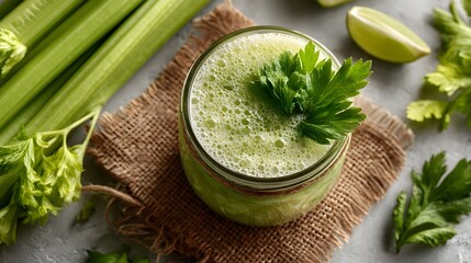 Refreshing green celery juice in a mason jar garnished with fresh parsley and lime wedges sits on burlap.