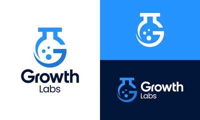 Grow lab logo design. Laboratory concept vector design with abstract initial letter G with modern arrow symbol graphic icon