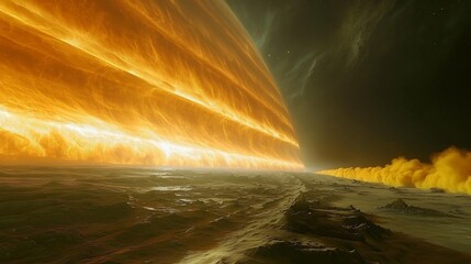 Beautiful Alien Horizon Painted In Soft Gas Layers and Surrounded By Drifting Yellow Smoke Trails and Light Bloom