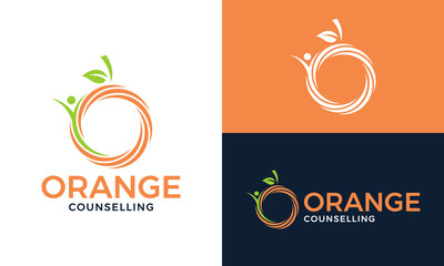 Healthy orange logo design. Abstract orange fruits concept vector design with people therapy symbol graphic icon