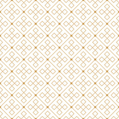 Seamless geometric pattern featuring interconnected diamond and cross-like shapes in golden-brown lines on a white background. Modern, oriental style repeat backdrop.