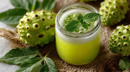 Refreshing noni juice in a glass jar surrounded by fresh noni fruits and green leaves on burlap.