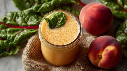 A refreshing peach smoothie recipe in a mason jar garnished with basil and vibrant chard leaves sits on burlap.