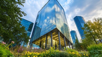 Modern Office Buildings Reflecting Sky and Flowers in Business District