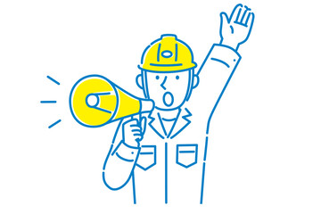 拡声器を使って説明する男性作業員イラスト