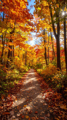 Obraz premium Autumn path winding through colorful forest with golden leaves
