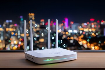 Futuristic holographic Wi-Fi router glowing in blue, emitting wireless signals, perfect for tech lovers, smart home, and digital innovation visuals.