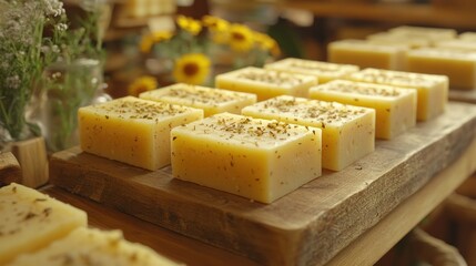 Handmade soaps on wooden display