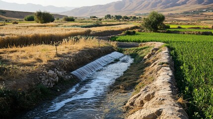 Scenic Agricultural Landscape with Irrigation Channel and Golden Wheat Fields